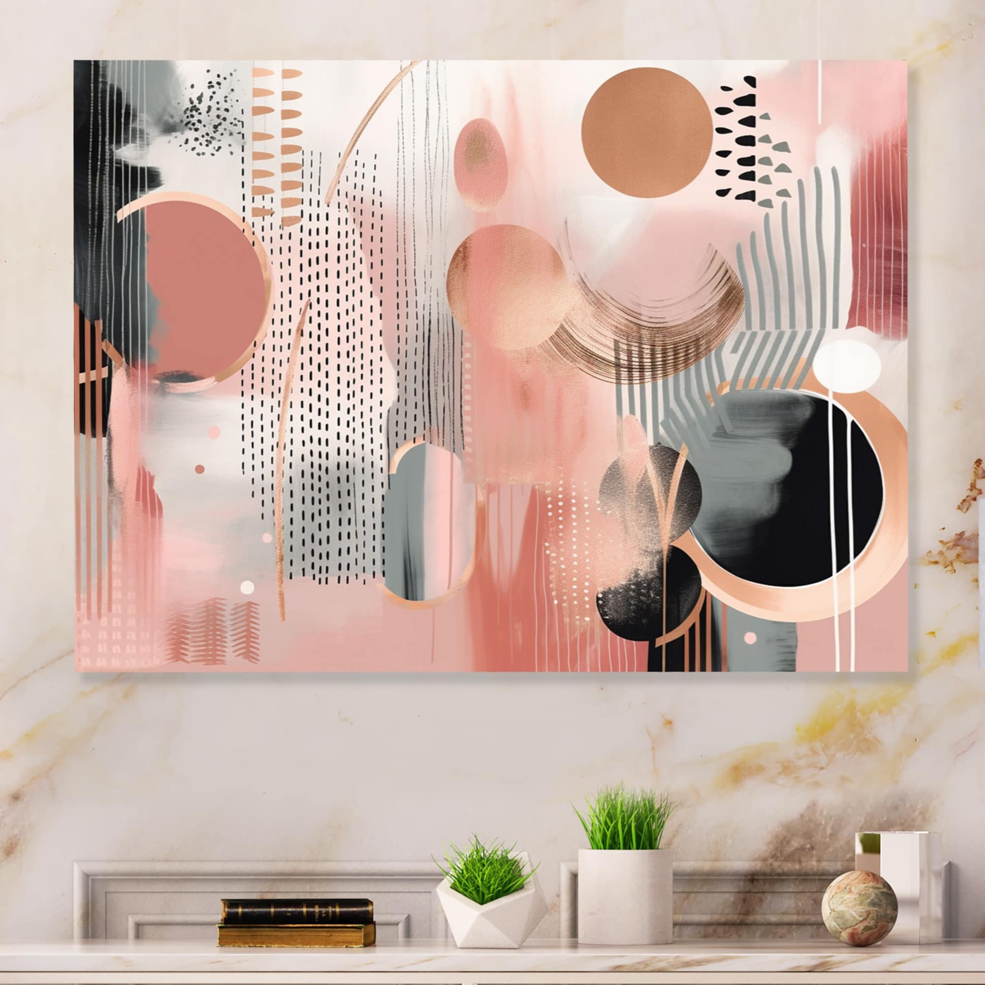 Designart "Pink Gold Lines Scenery IV" Modern Shapes Transitional Metal